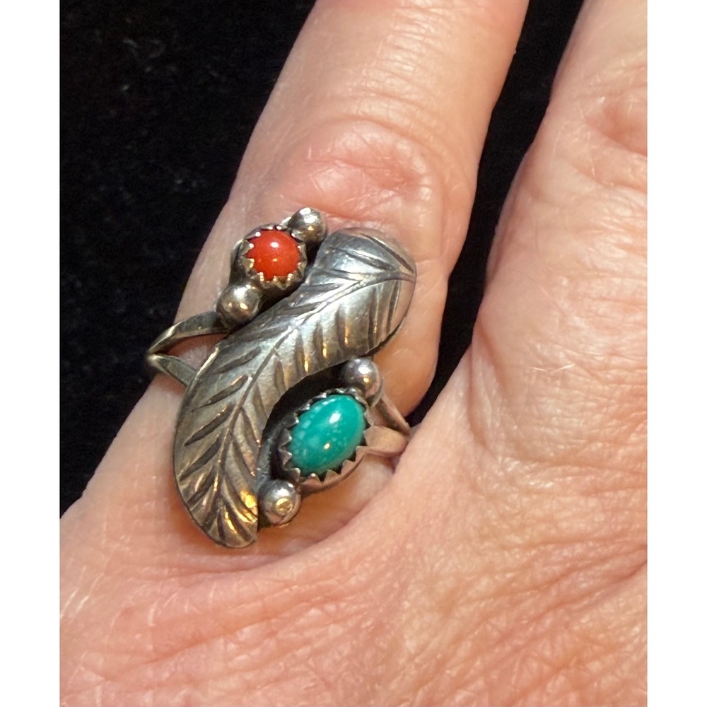 Vintage Navajo Sterling Silver Turquoise Coral Ring Signed Moore Sz 5